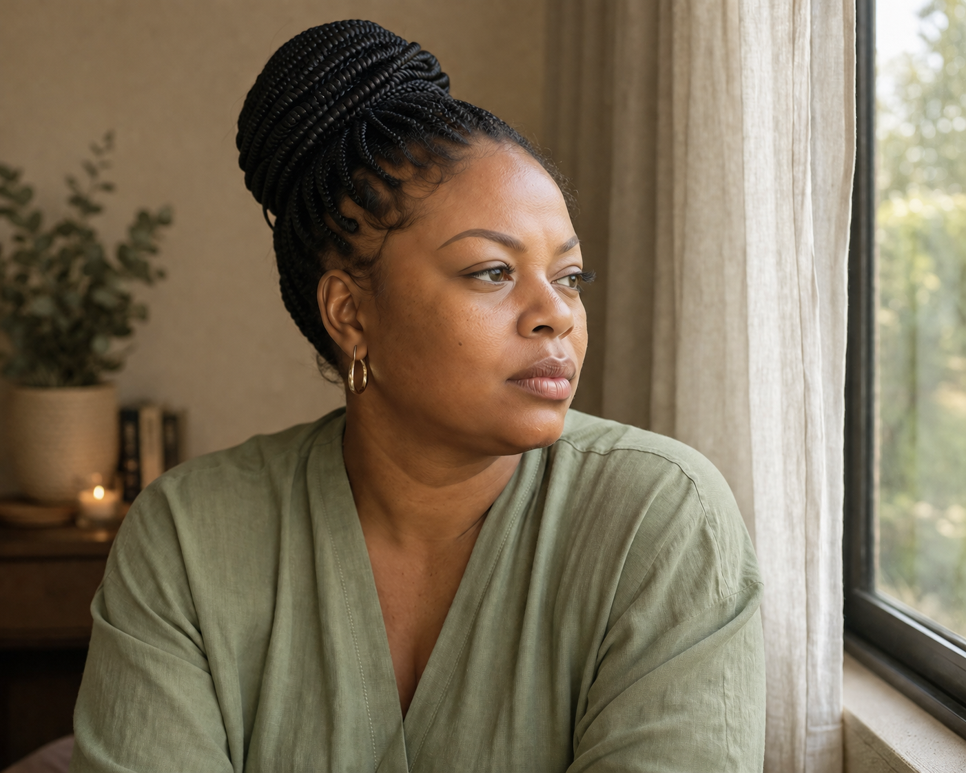 Woman reflecting quietly by a window